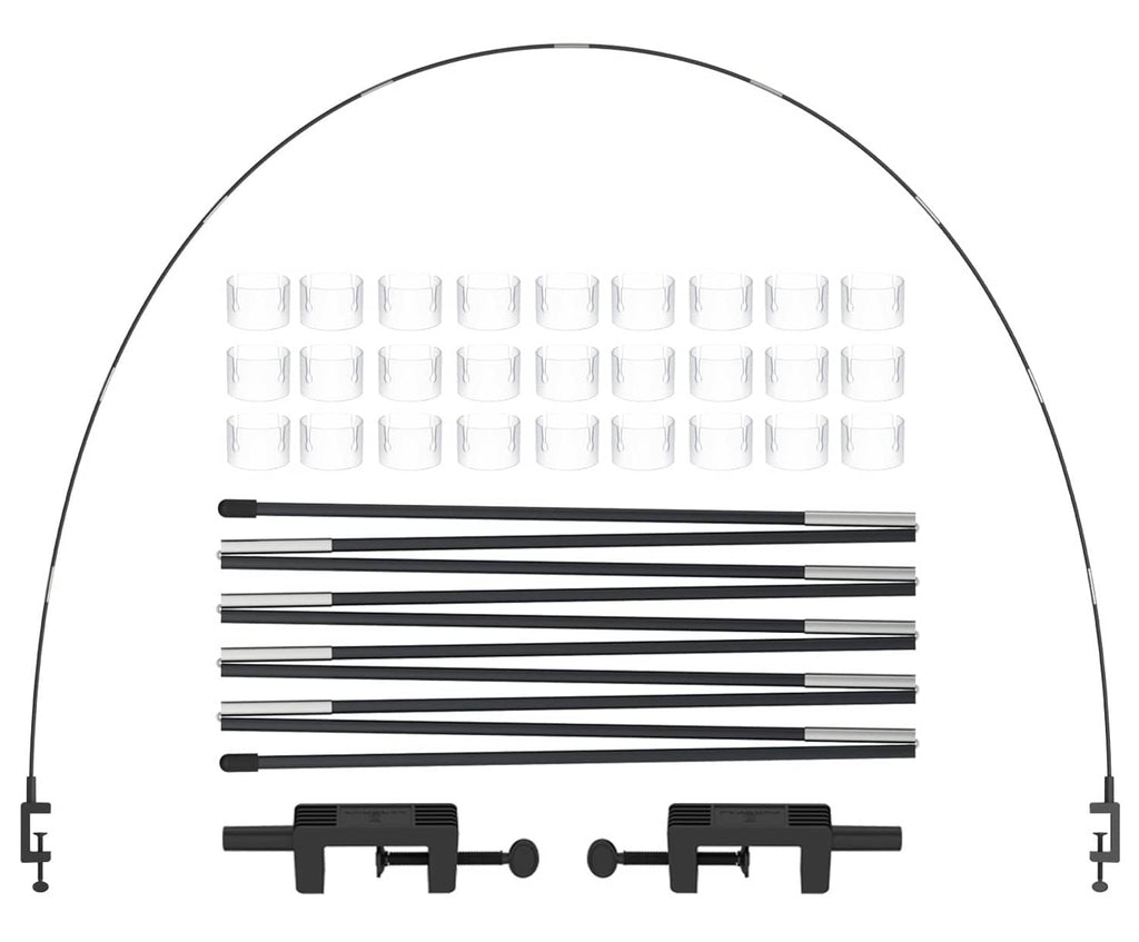 Black table balloon arch stand kit parts: rods, clamps, and clear ring holders