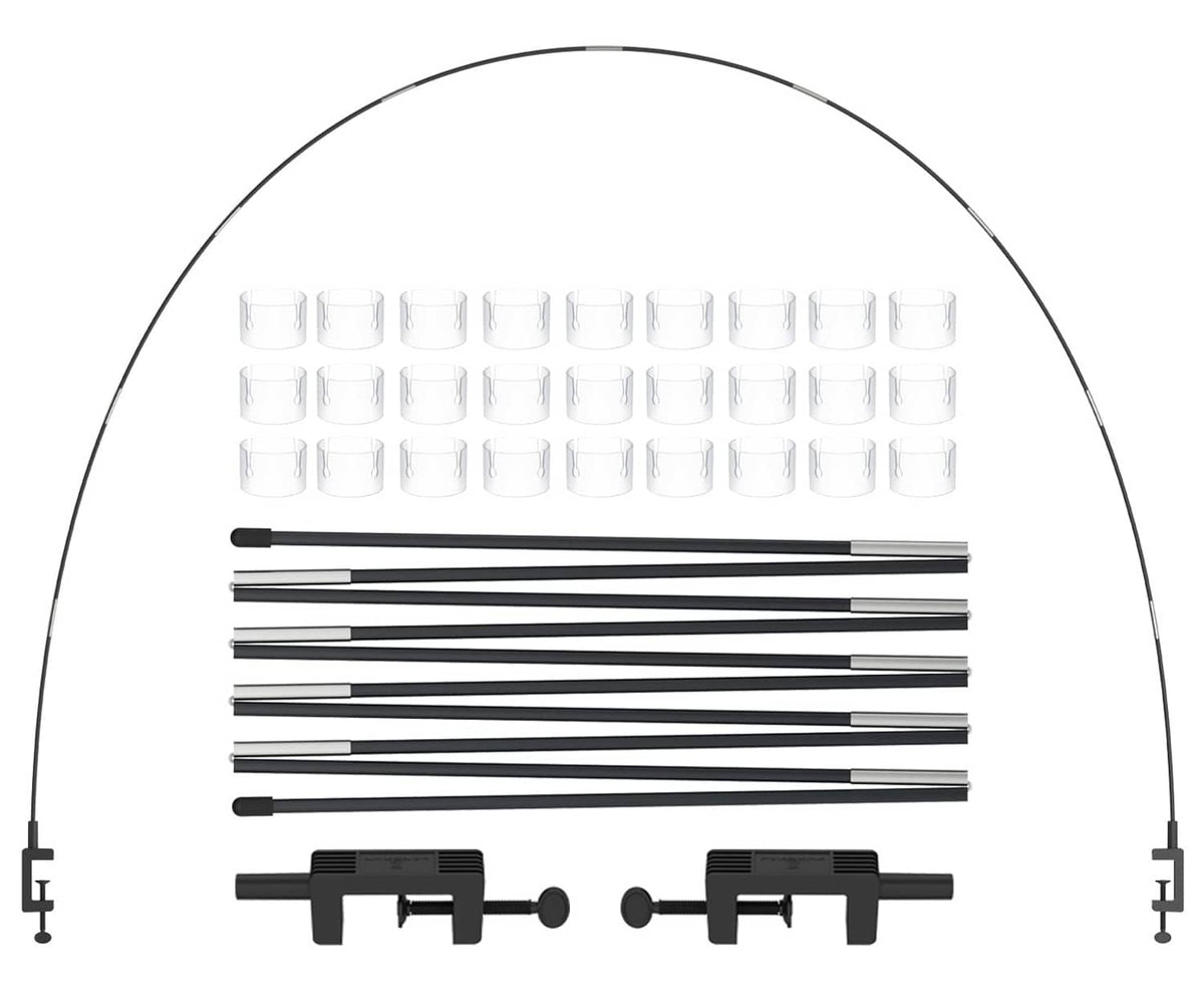 Black table balloon arch stand kit parts: rods, clamps, and clear ring holders