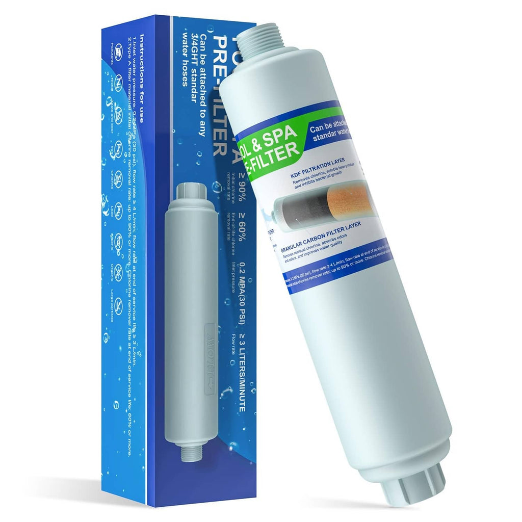 Inline garden hose water filter cartridge with blue label and threaded inlet and outlet
