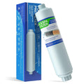 Inline garden hose water filter cartridge with blue label and threaded inlet and outlet