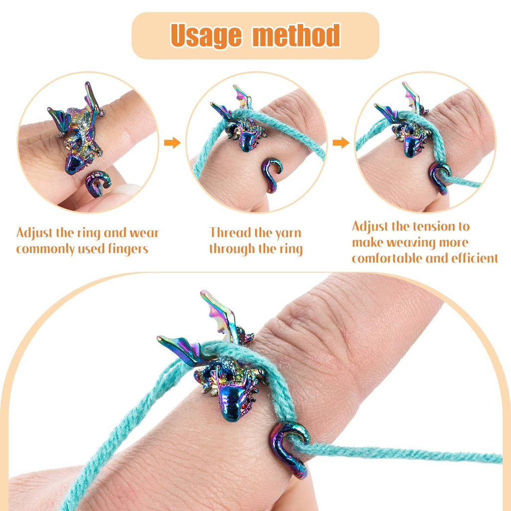 Adjustable dragon crochet tension ring on finger with turquoise yarn strand