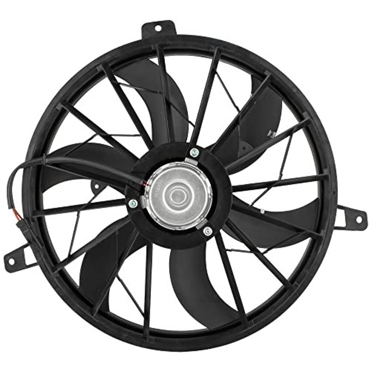AC condenser cooling fan with black shroud and exposed center motor hub