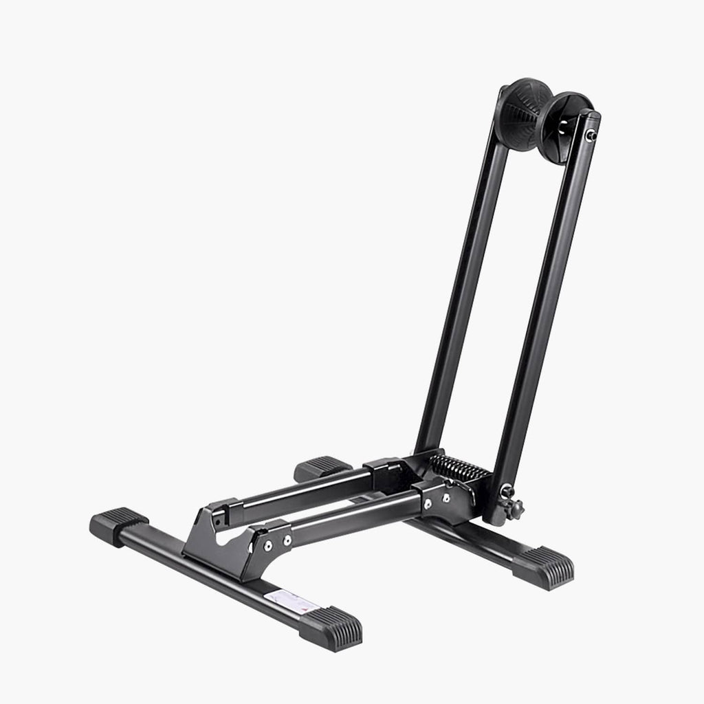 Black collapsible bike stand with adjustable wheel holder and wide base supports