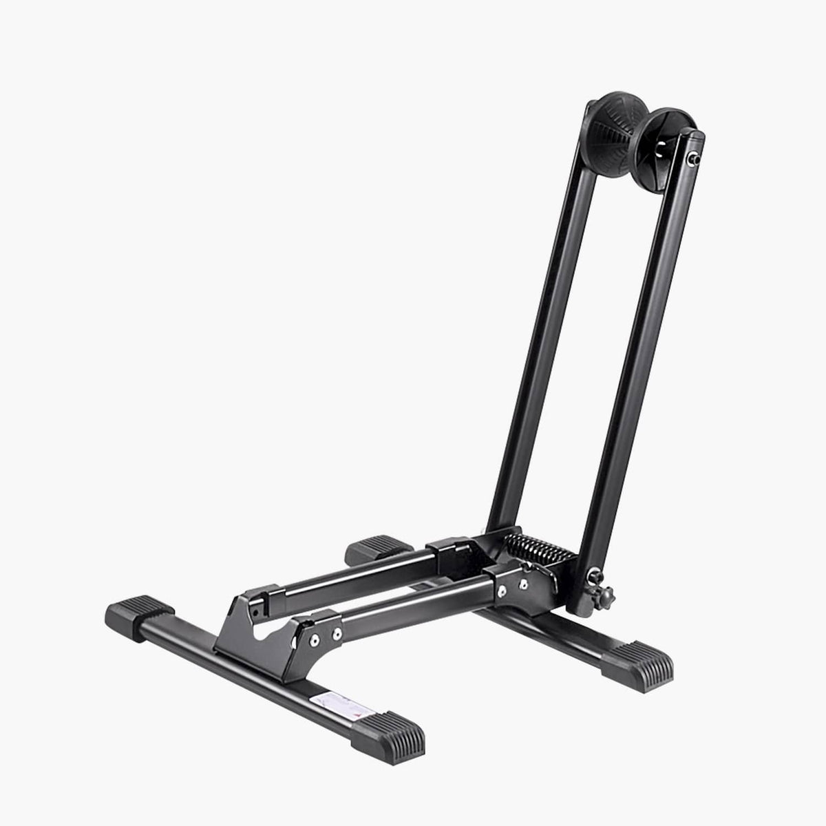 Black collapsible bike stand with adjustable wheel holder and wide base supports