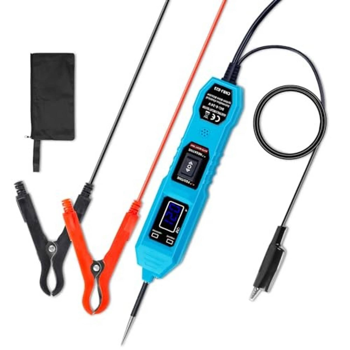 Automotive power probe tester with blue meter, twin metal probes, and orange/black clips