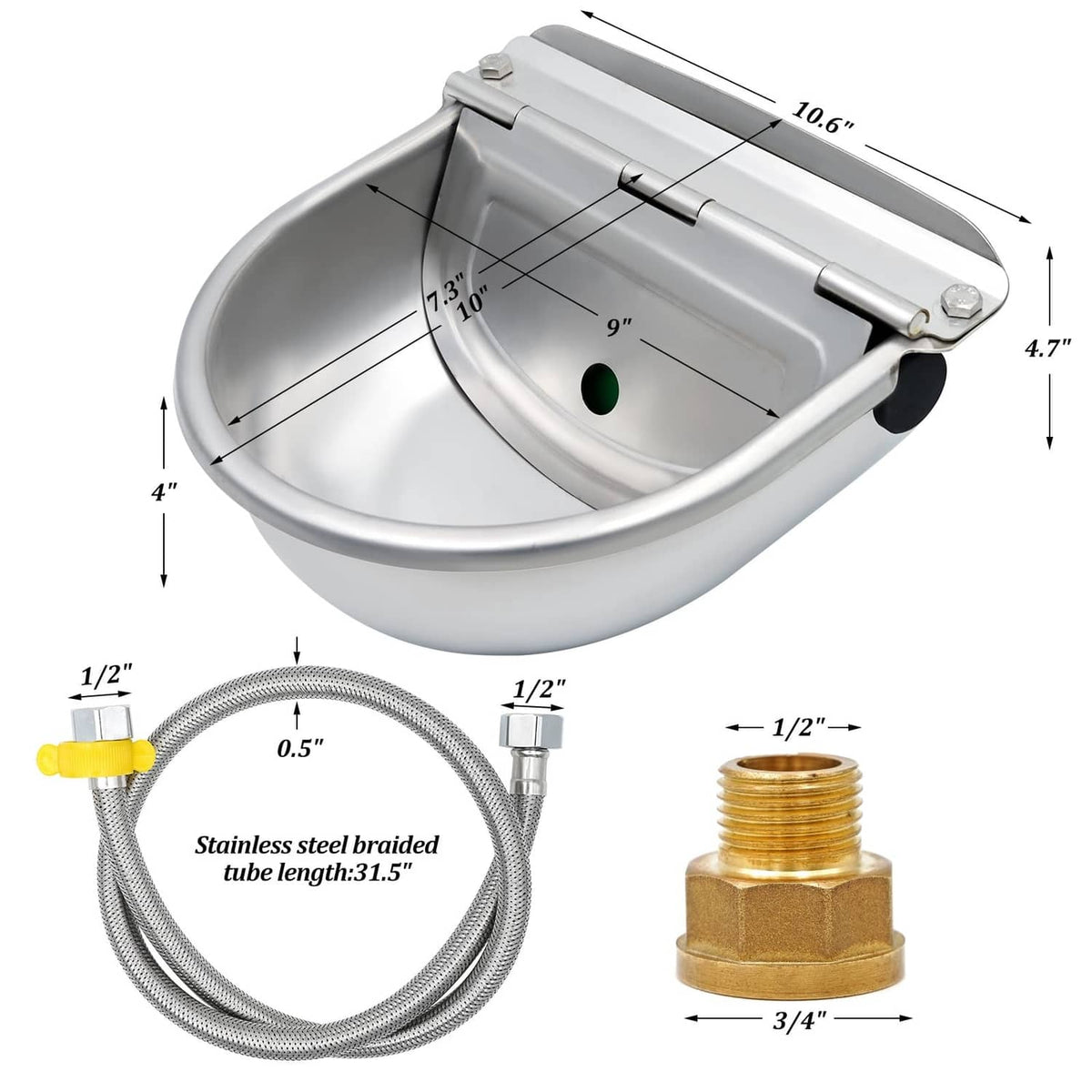 Stainless steel water dispenser bowl with hose outlet fitting and side pipe port
