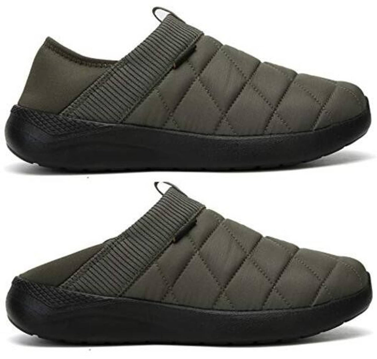 Pair of army green quilted slip-on slippers with ribbed elastic collar and black sole
