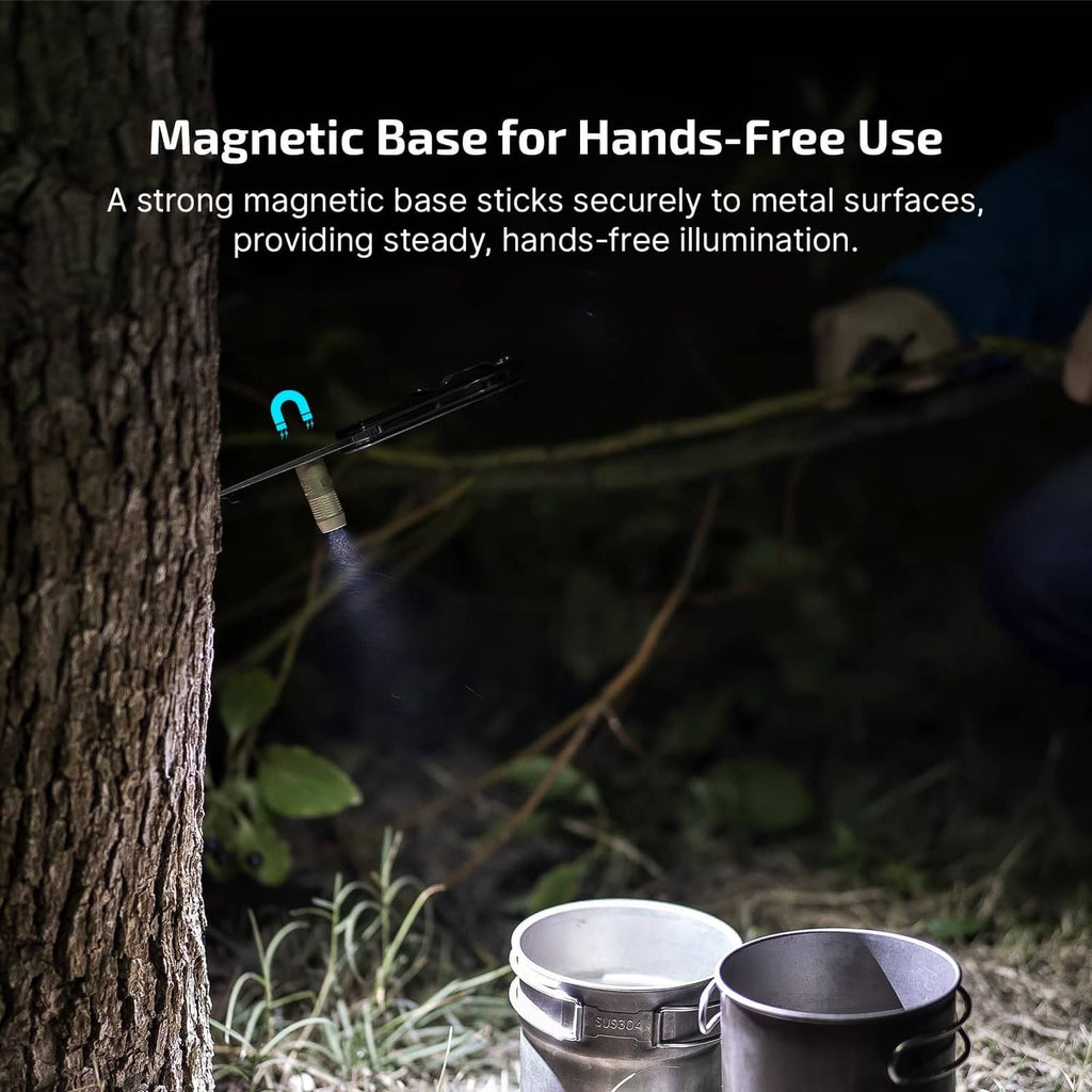 Olive green mini LED flashlight with magnetic base mounted outdoors