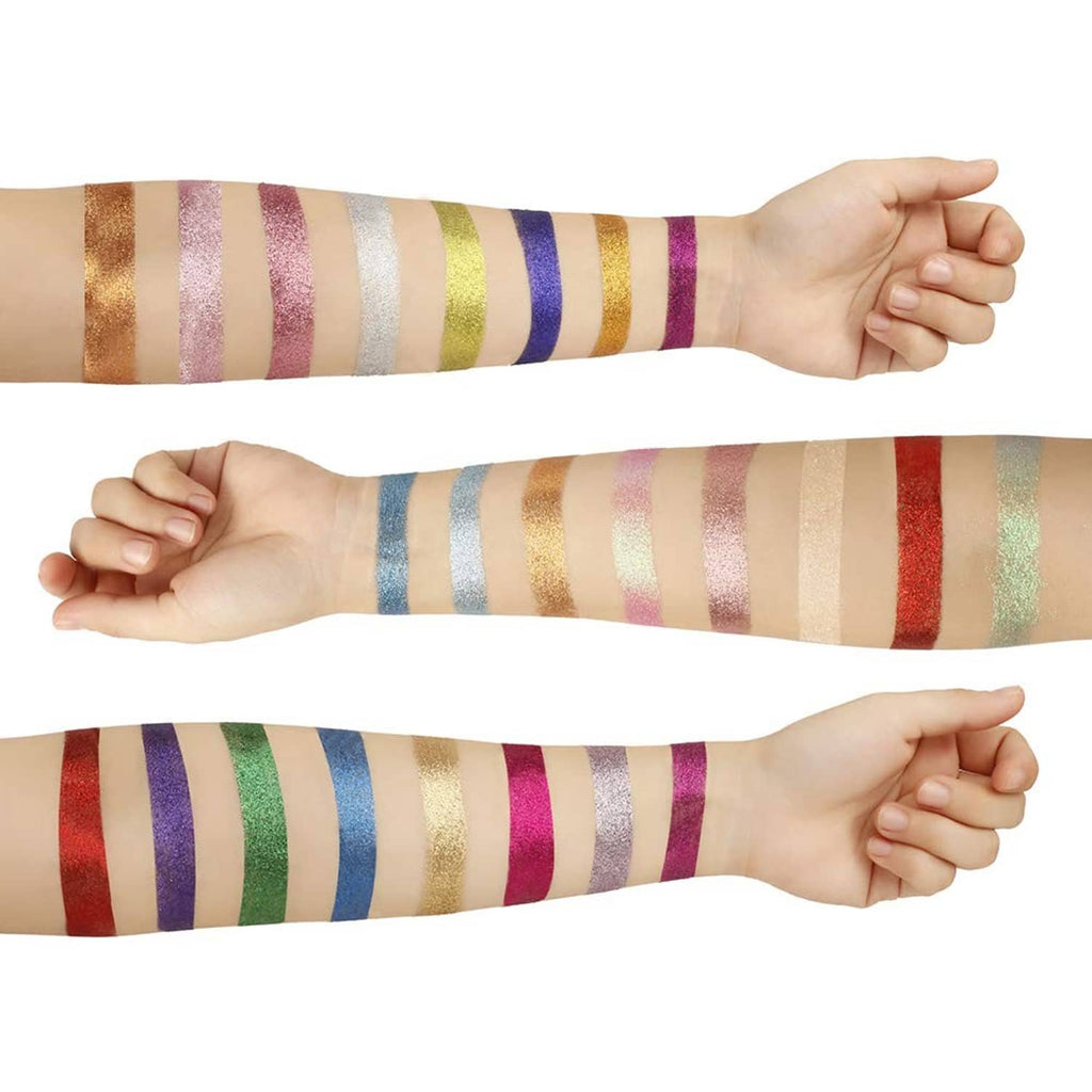 Glitter eyeshadow swatches on forearm: multicolor shimmer stripes