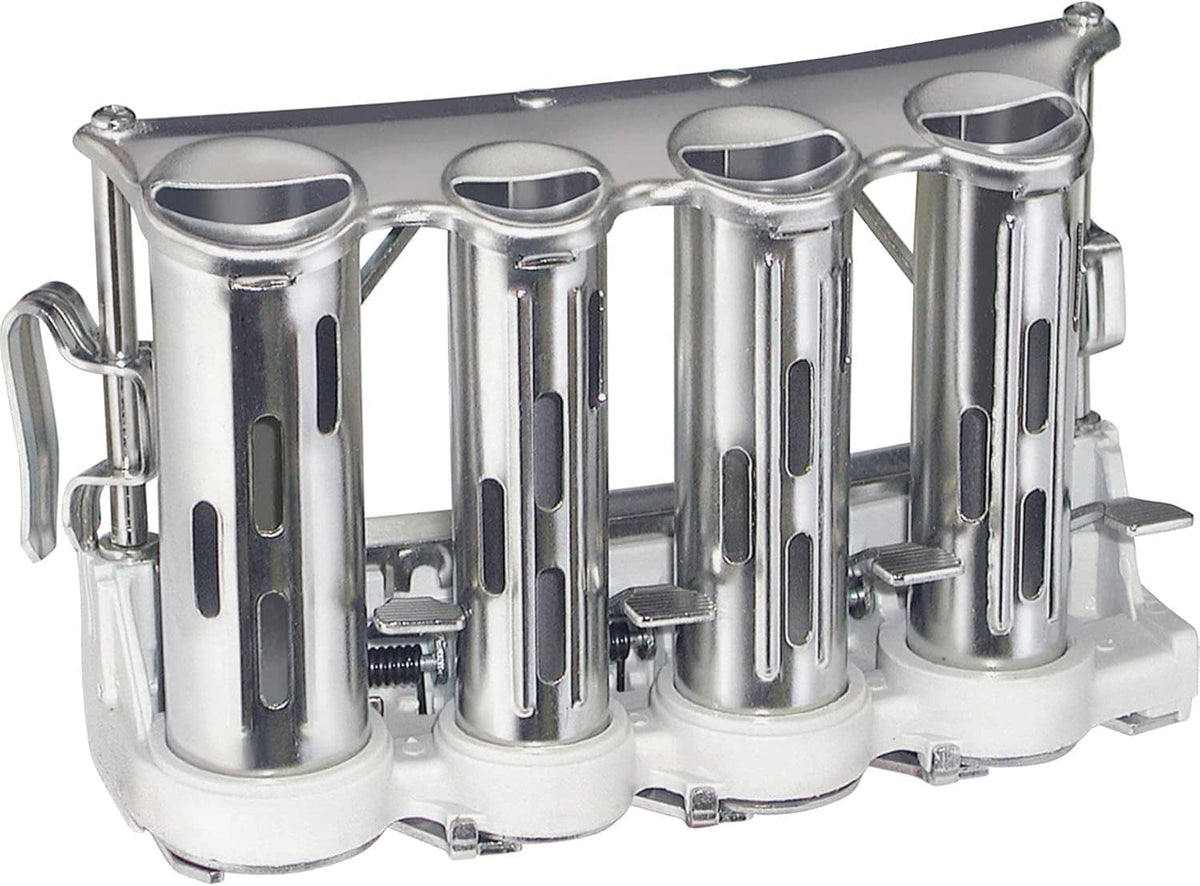 Four-barrel money changer with four chrome coin tubes and base levers