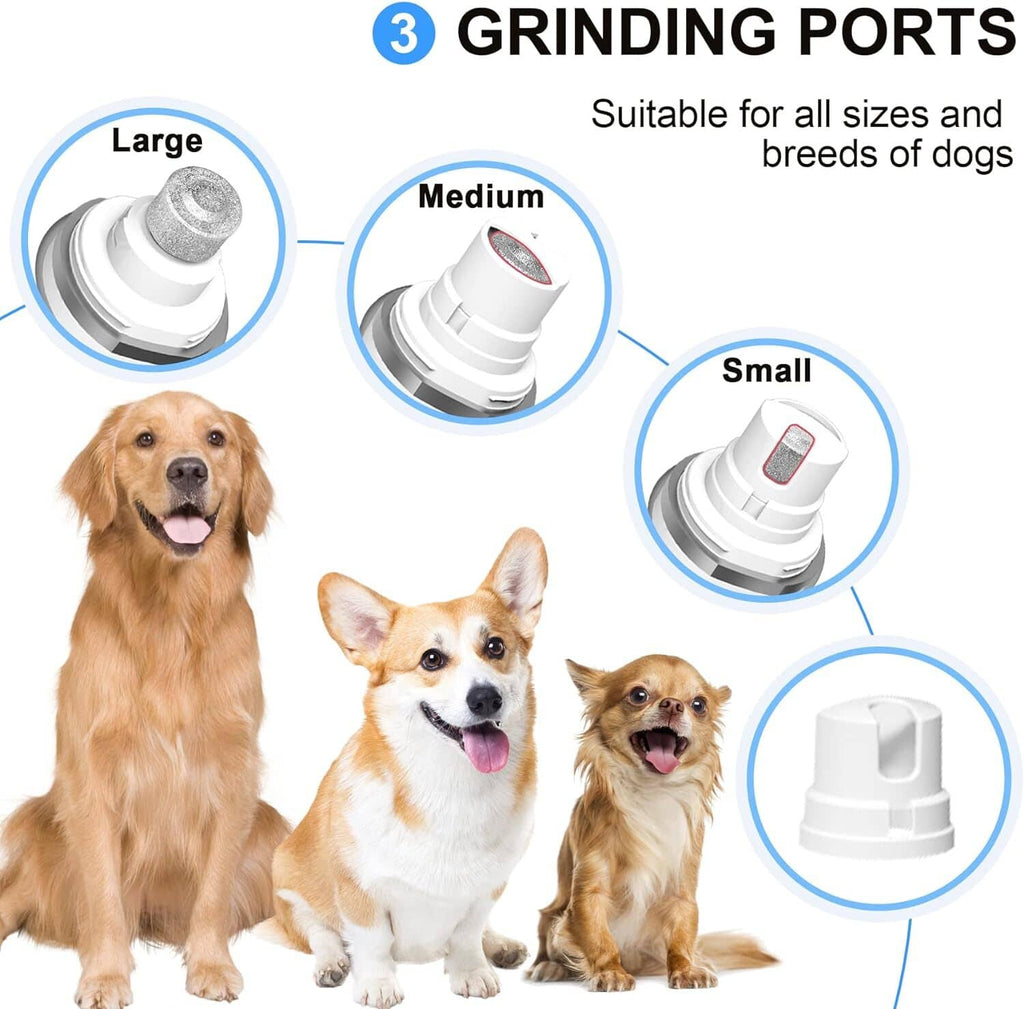Dog nail grinder with three grinding ports labeled small, medium, large