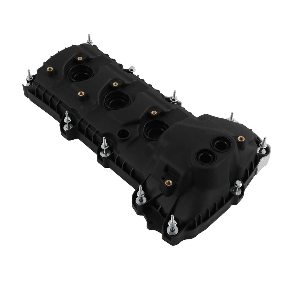 Black engine valve cover with four ports and raised bolt tabs, 3/4 view