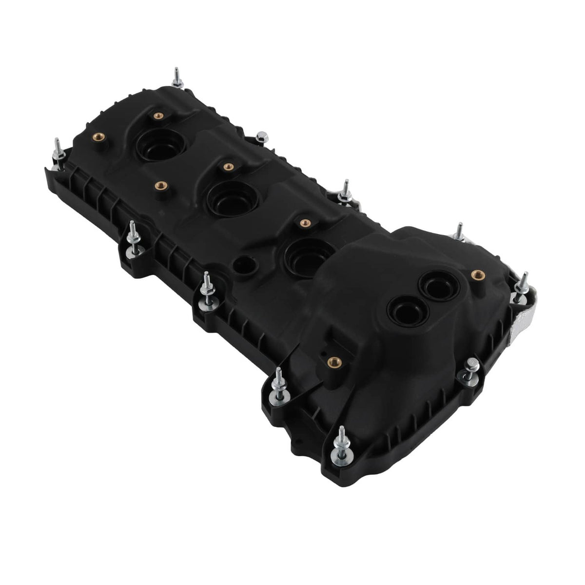 Black engine valve cover with four ports and raised bolt tabs, 3/4 view