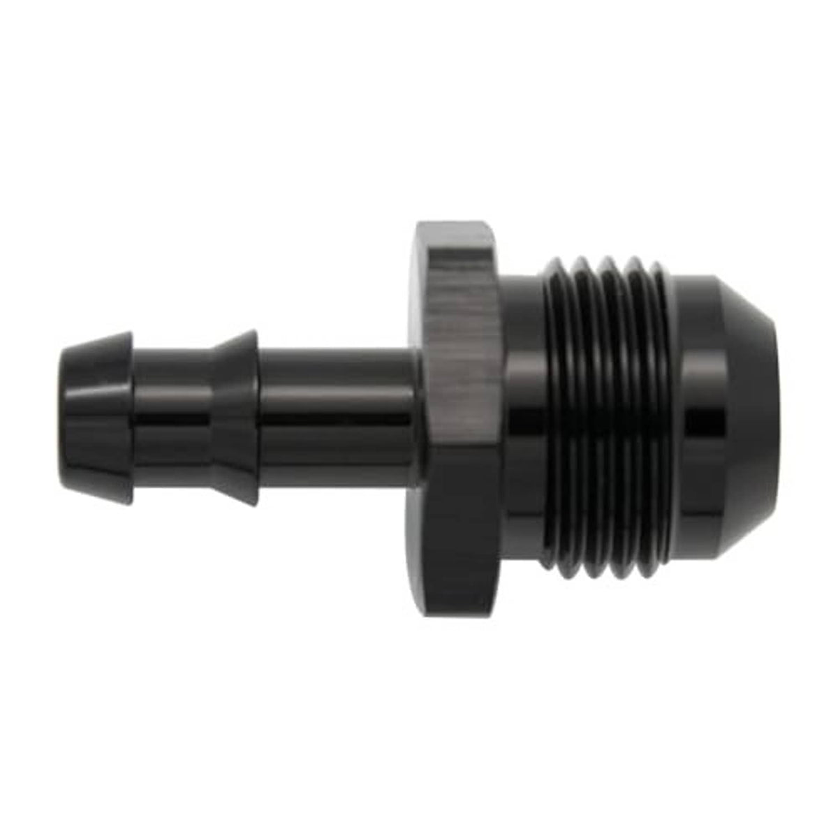 Black 10AN male to 3/8" push hose barb fitting, straight view of push barb and threads