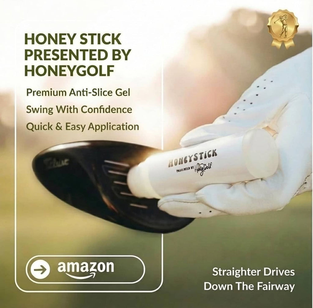 HoneyStick anti-slice gel tube in a golfer’s glove, shown near a dark club head