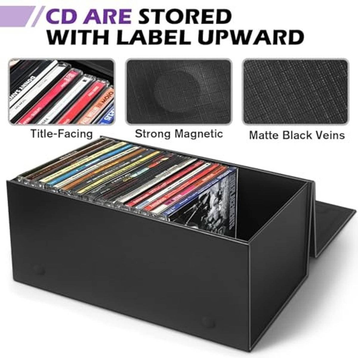 Black stackable CD storage box with jewel cases visible, hinged lid open