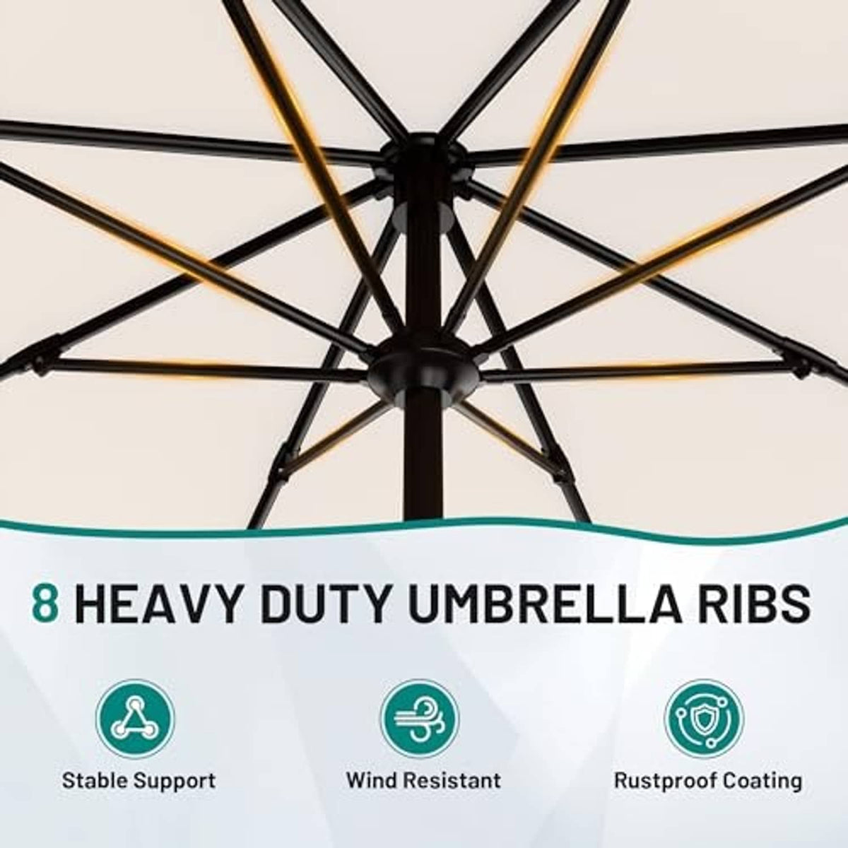 Cream-white umbrella canopy with black rib frame and center hub