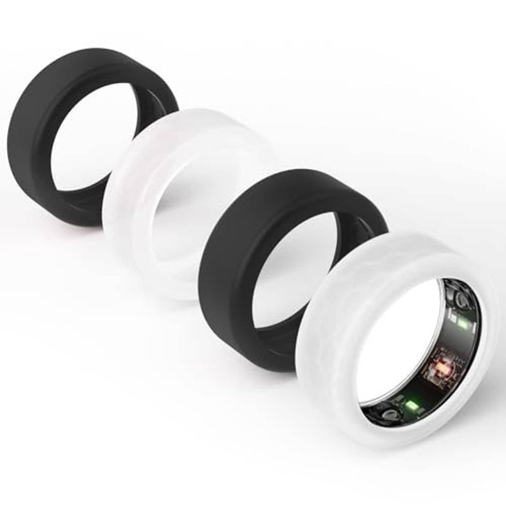 Three ring protector covers with black and white-clear bands, in angled view