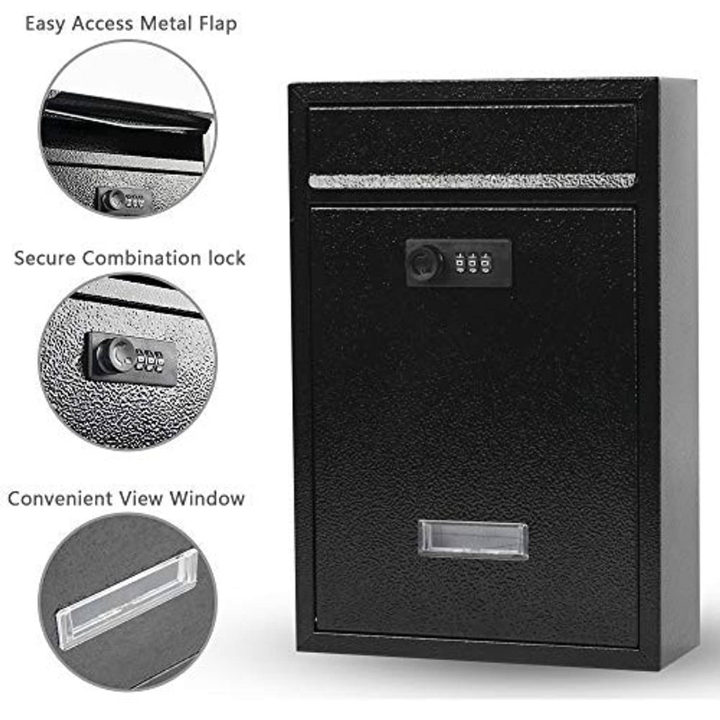 Black metal wall-mount mailbox with combination lock, clear mail view window and flap