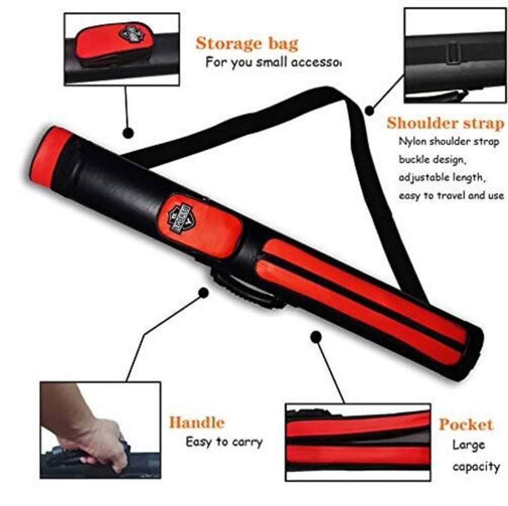 Hard cue case with red-and-black design, shoulder strap, and carry handle