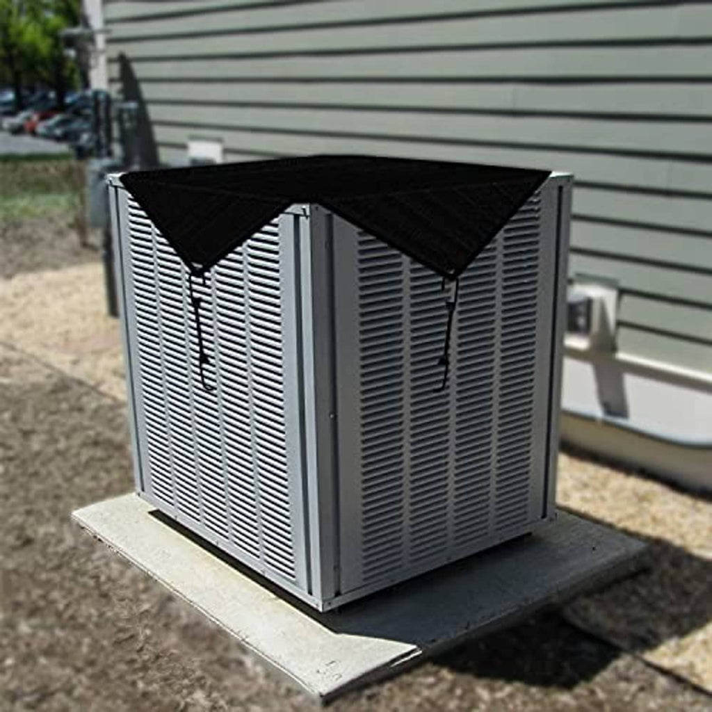 Outdoor air conditioner condenser cover, black fitted canopy over vented sides on base