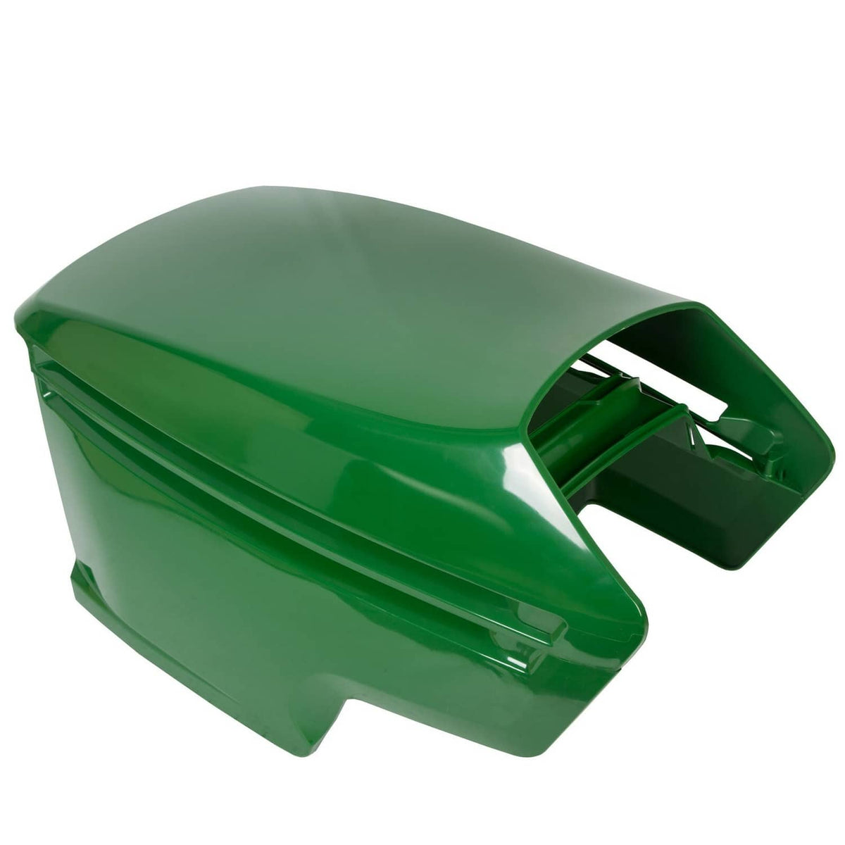 Green plastic mower hood cover with raised top and vented side outlet