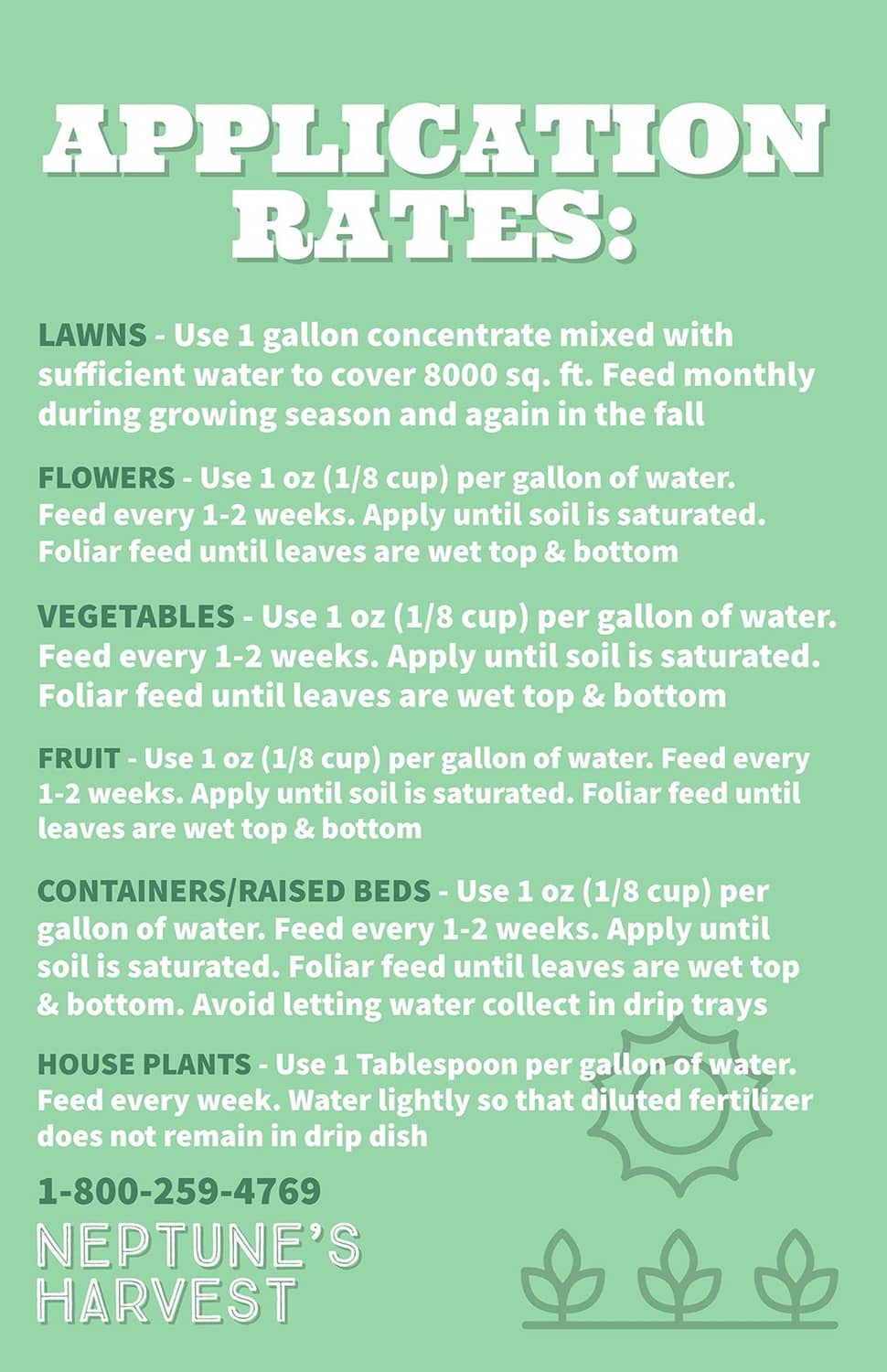 Seaweed fertilizer application rates chart for lawns, flowers, vegetables, fruits, plants