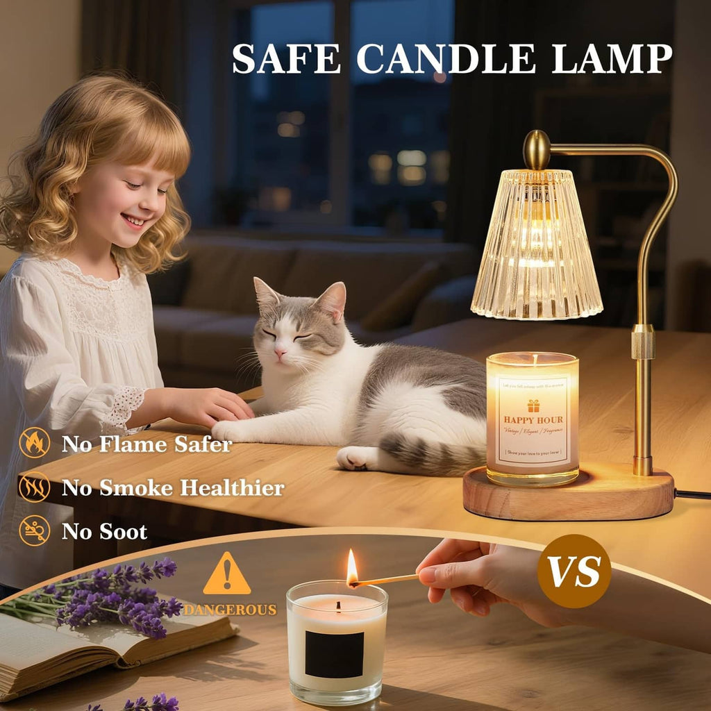 Candle warmer lamp with amber glow and wooden base, lit candle jar beside cat