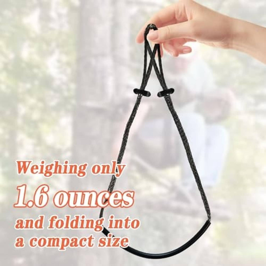 Single dark rope climbing aider held by its top loops, folded for compact carry