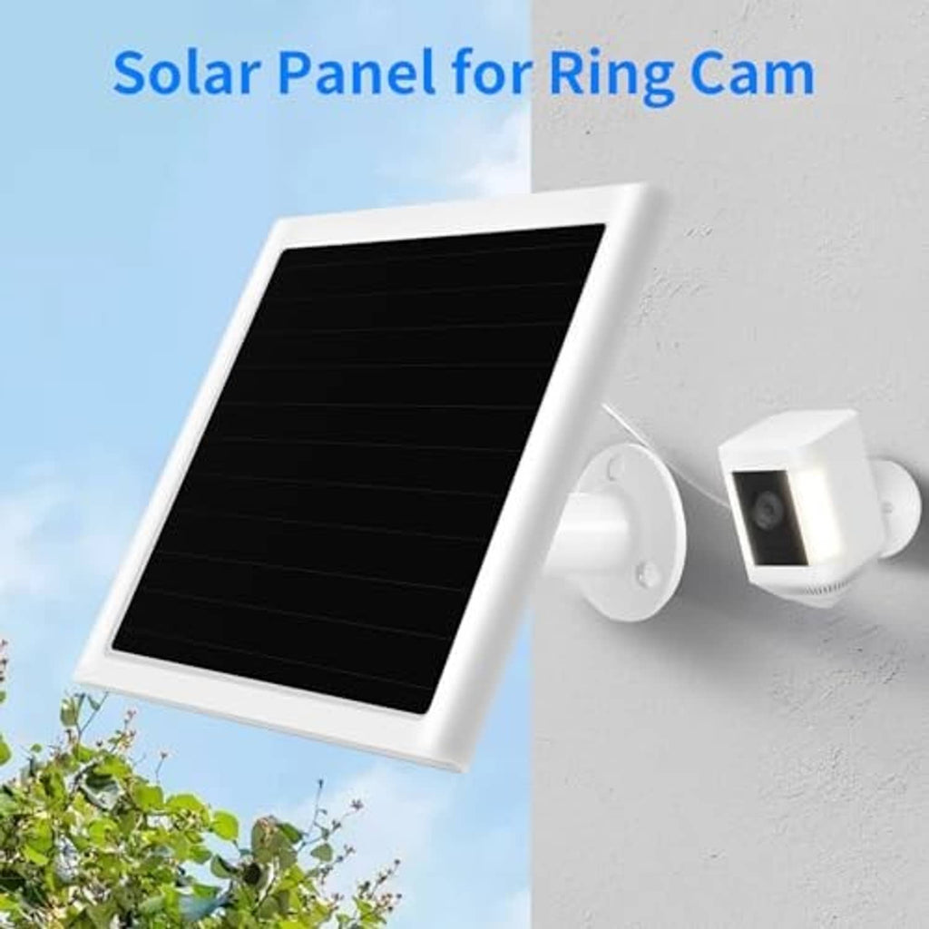 White solar panel charger with black face mounted outdoors beside a ring camera