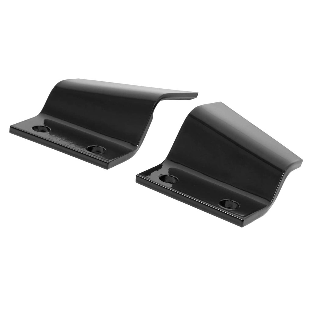 Two black steel trencher cup teeth with bolt holes on flat base plates