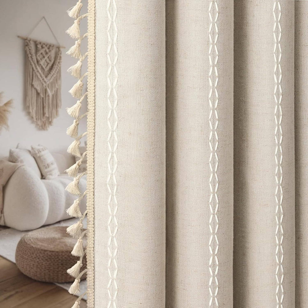 Beige linen-look curtains with braided vertical stripes and layered tassel fringe edge