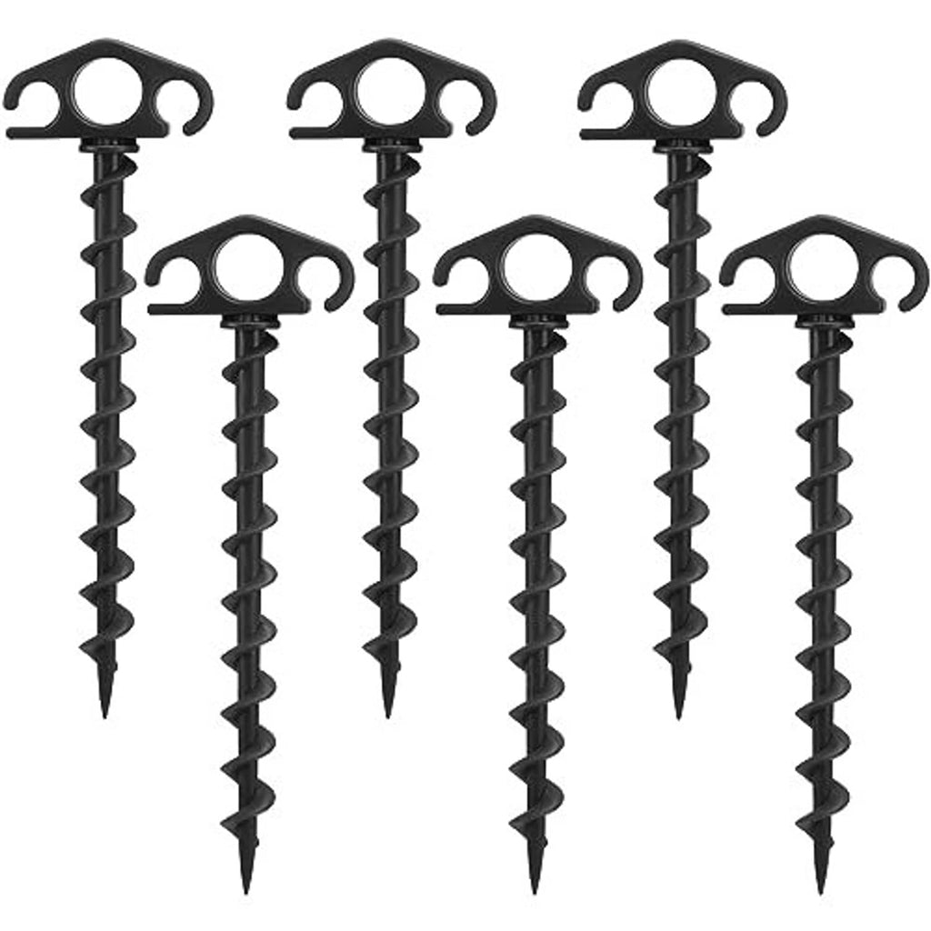 Black screw-in tent stakes with hooked heads, multiple ground anchors in a set