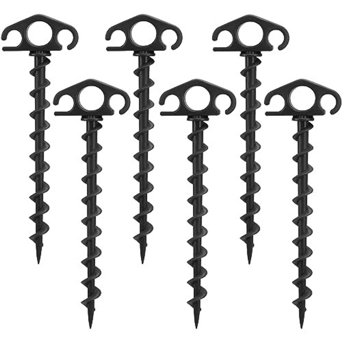 Black screw-in tent stakes with hooked heads, multiple ground anchors in a set