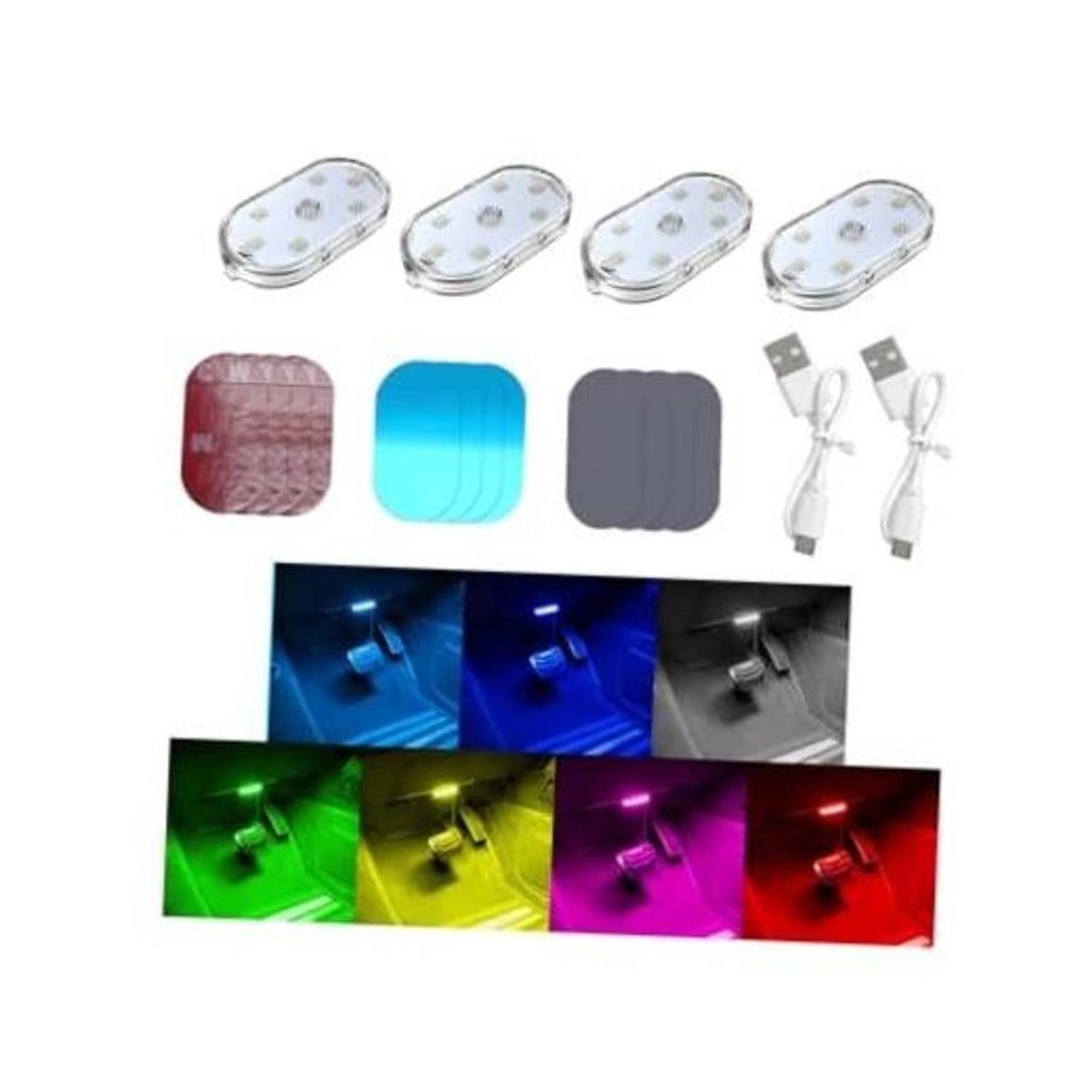 Set of four oval wireless LED car interior lights with charging cables and color effects