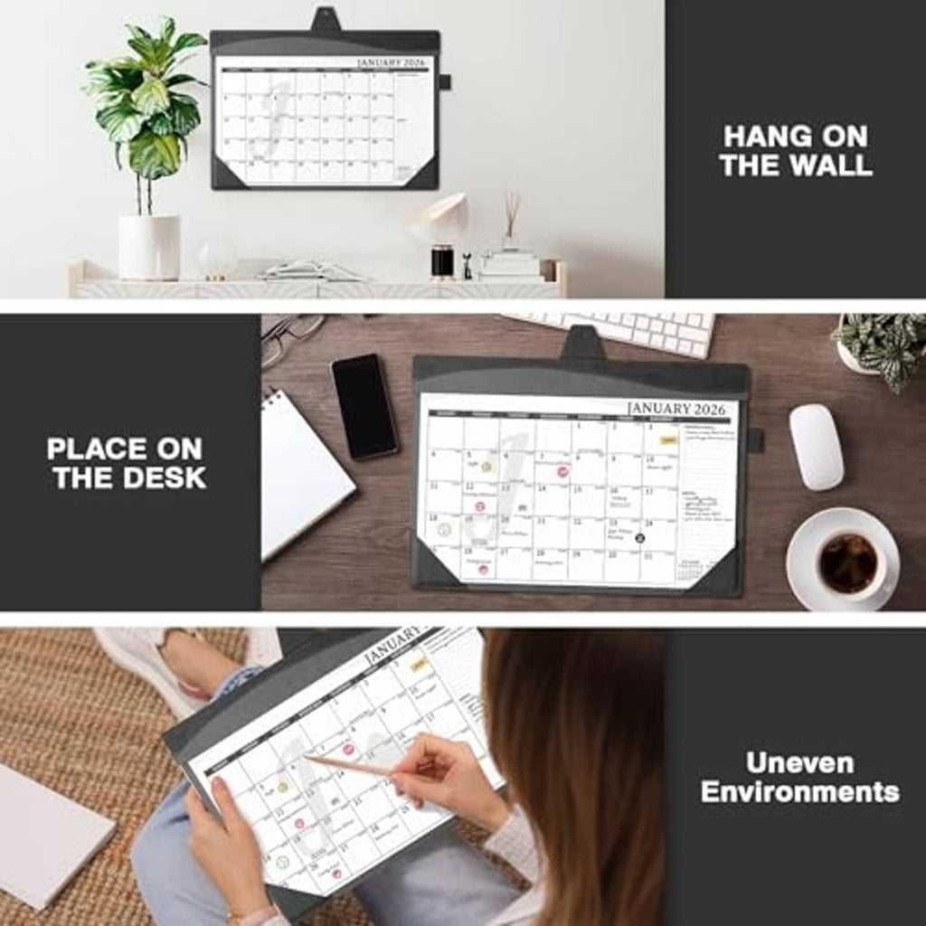 Black leather desk calendar for tabletop planning with hanging hook