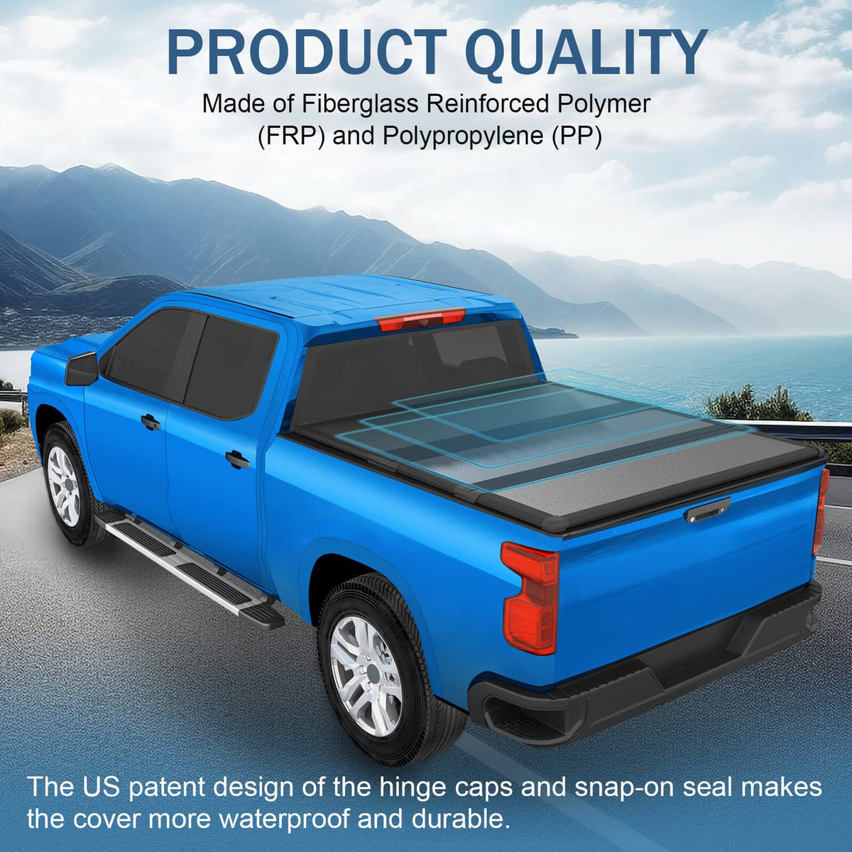 Hard tri-fold tonneau cover installed on a blue pickup bed with textured black top