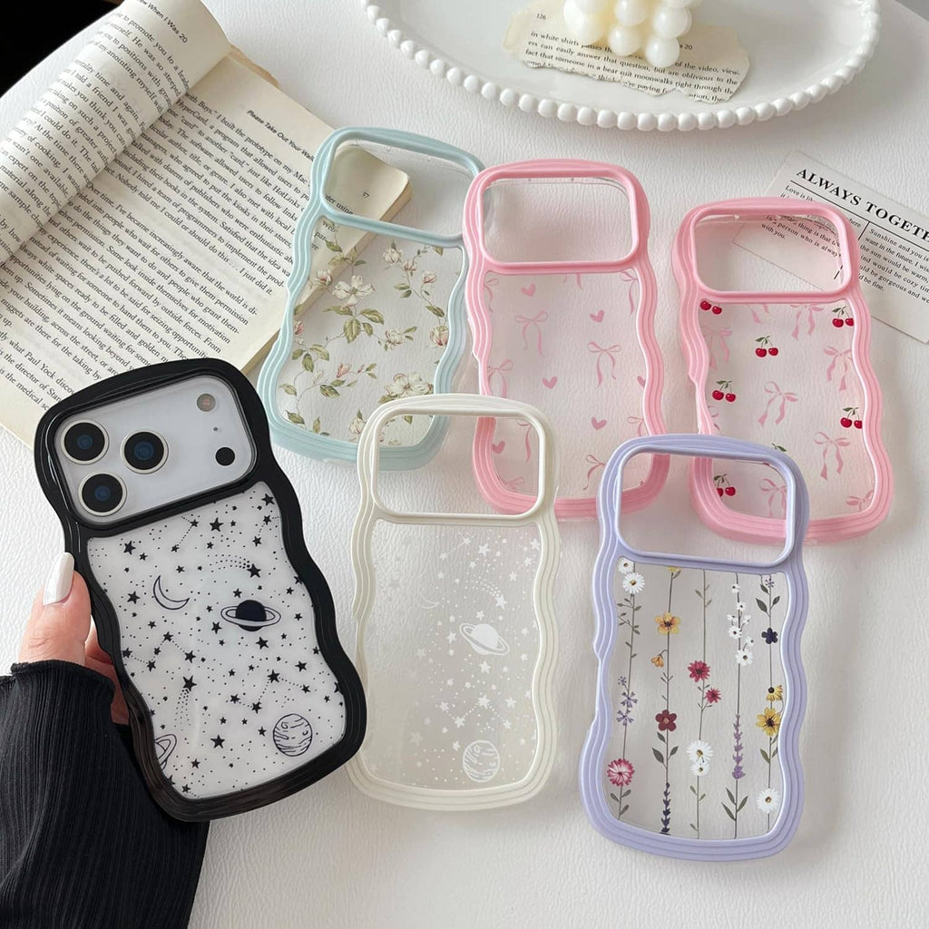 Set of iPhone Pro Max cases with space patterns in pastel colors, various frame colors