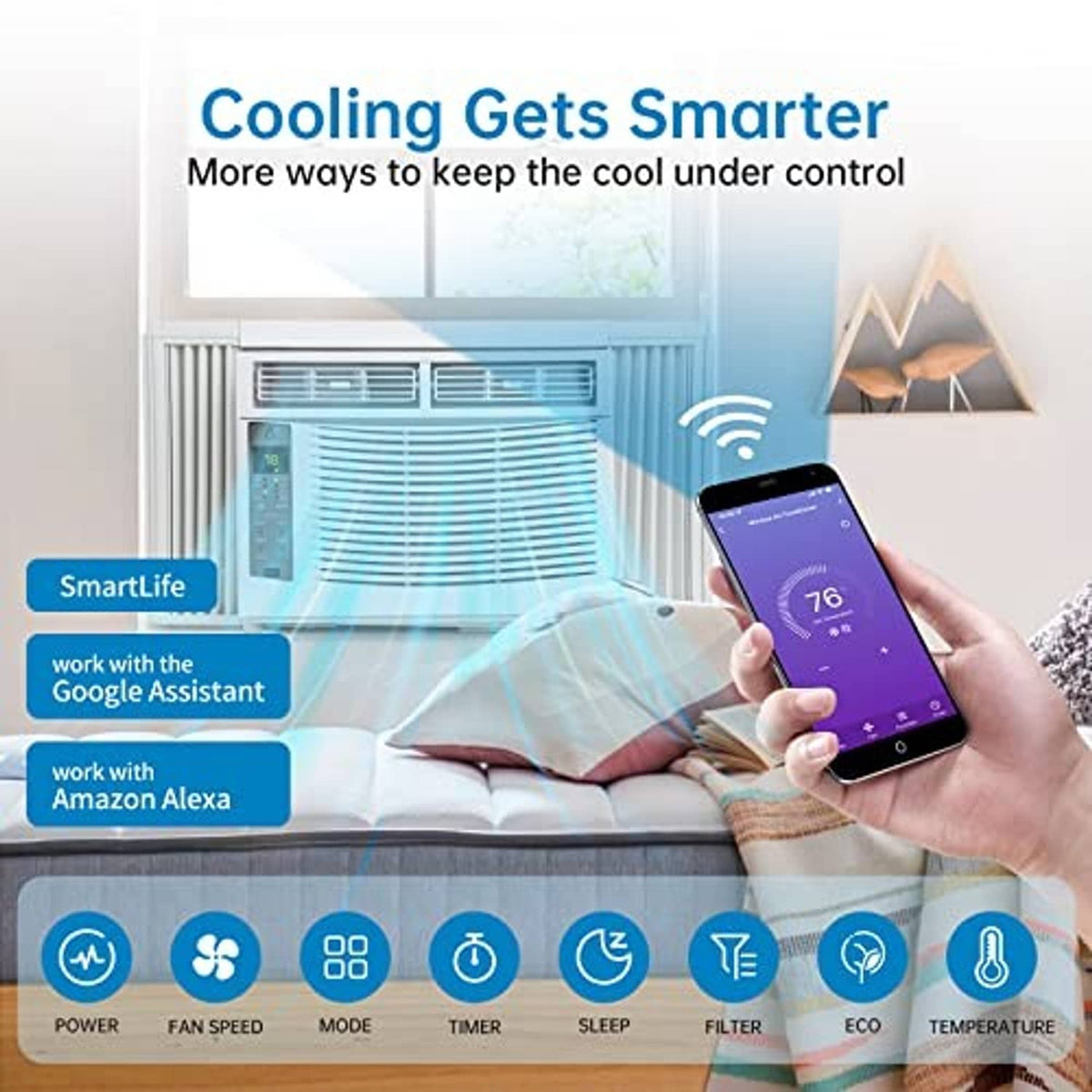 Window air conditioner with smartphone control and handheld remote.