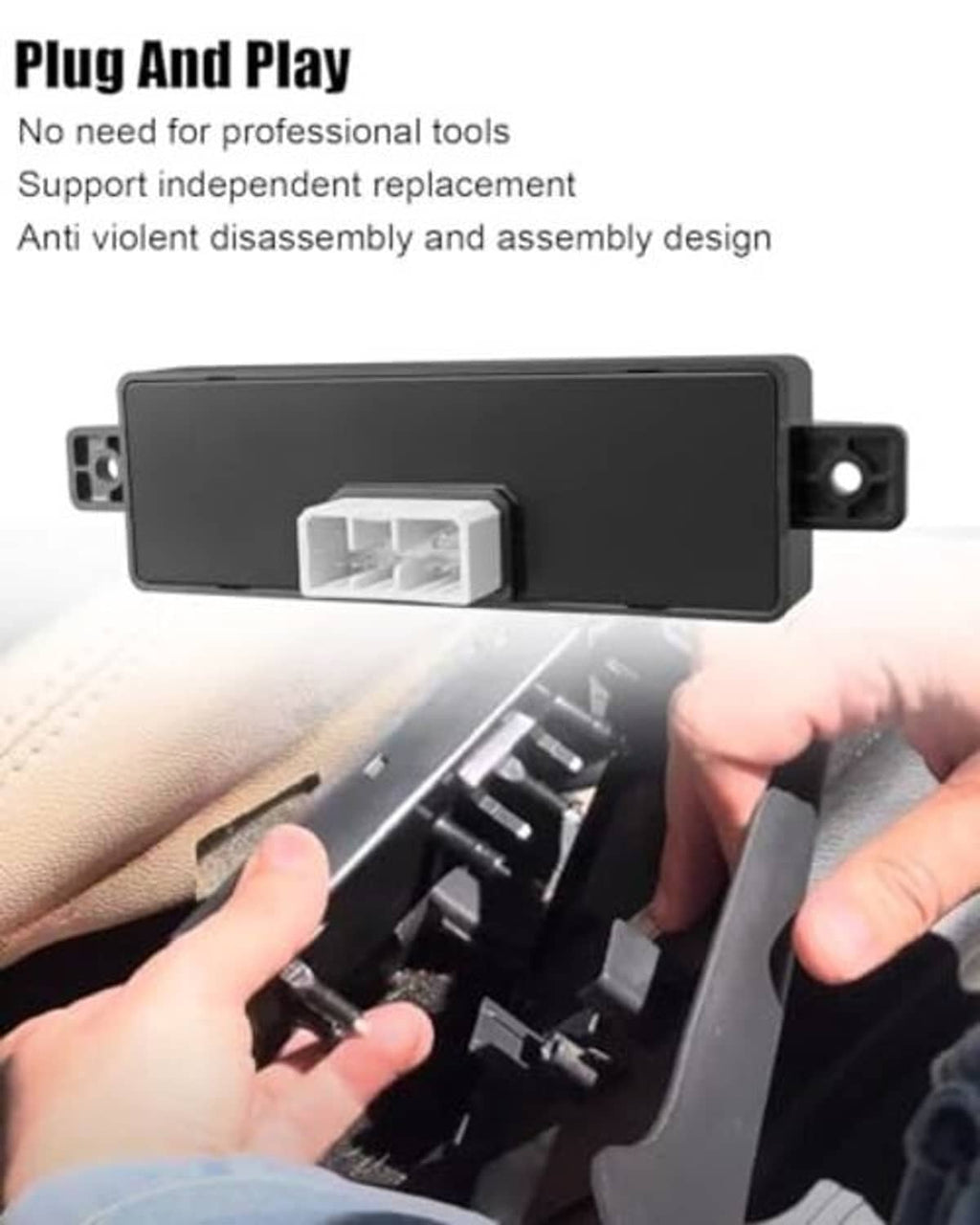 Seat switch module held near car seat base, showing connector and mounting clips