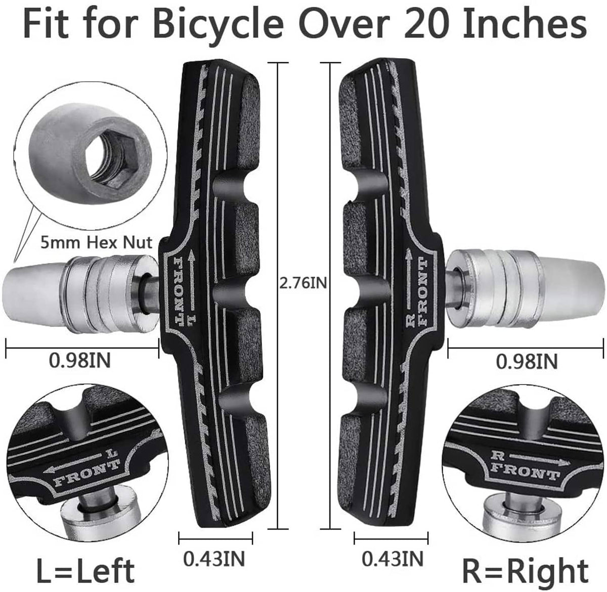 Left and right black V-brake brake pads with mounting pins and hex nut