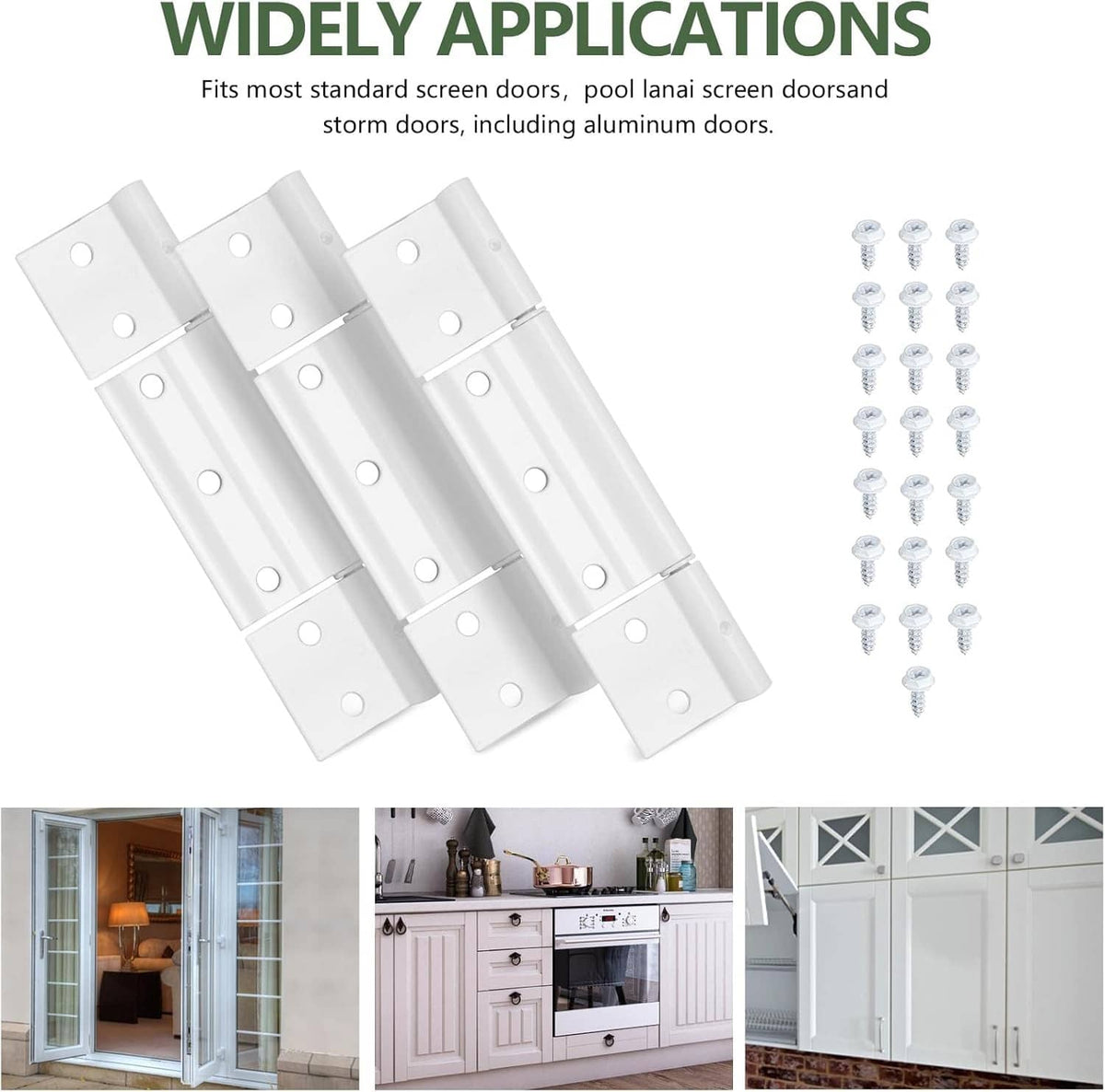 White aluminum screen door hinge set with mounting screws and hinge plates