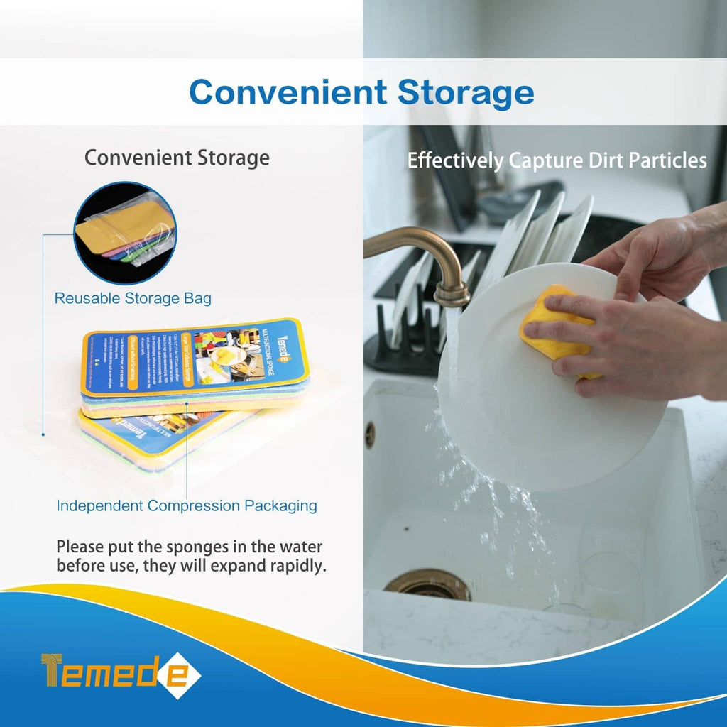 Yellow cellulose sponge held near faucet, thick porous foam block