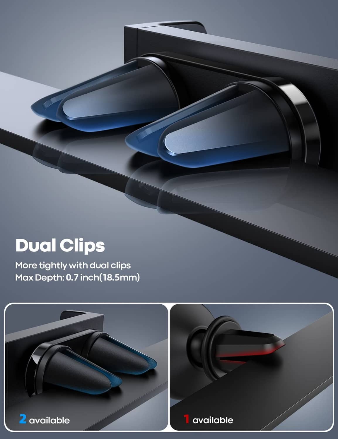 Black dual-clip car vent phone mount with two spring grips for secure holding