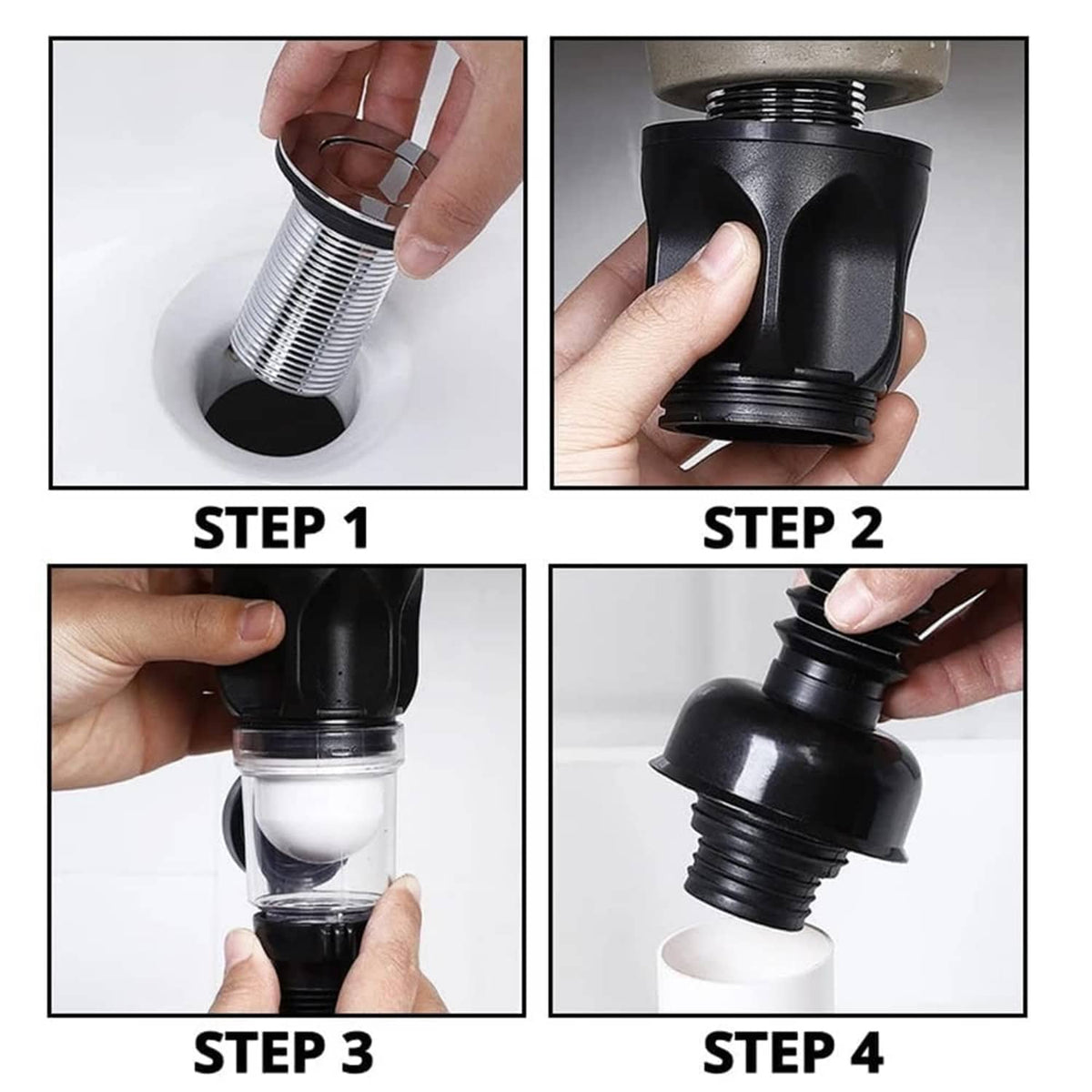 Black sink drain kit installation sequence showing adapter, gasket, and connector fit