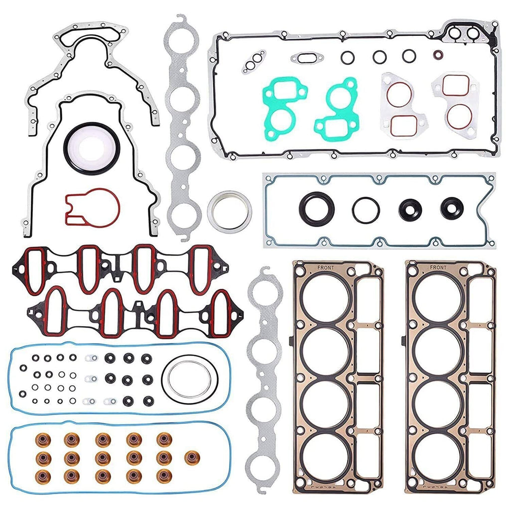 Cylinder head gasket kit with assorted gaskets, teal seals, and large cover gasket pieces