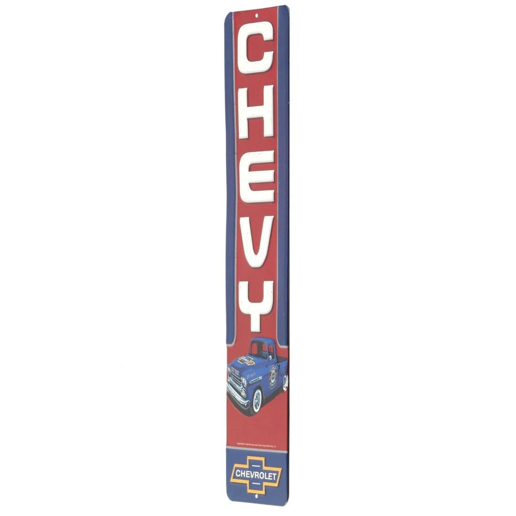 Chevrolet vintage metal wall sign, red CH EV Y vertical lettering with car illustration.