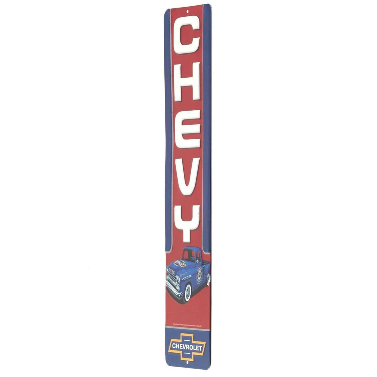 Chevrolet vintage metal wall sign, red CH EV Y vertical lettering with car illustration.