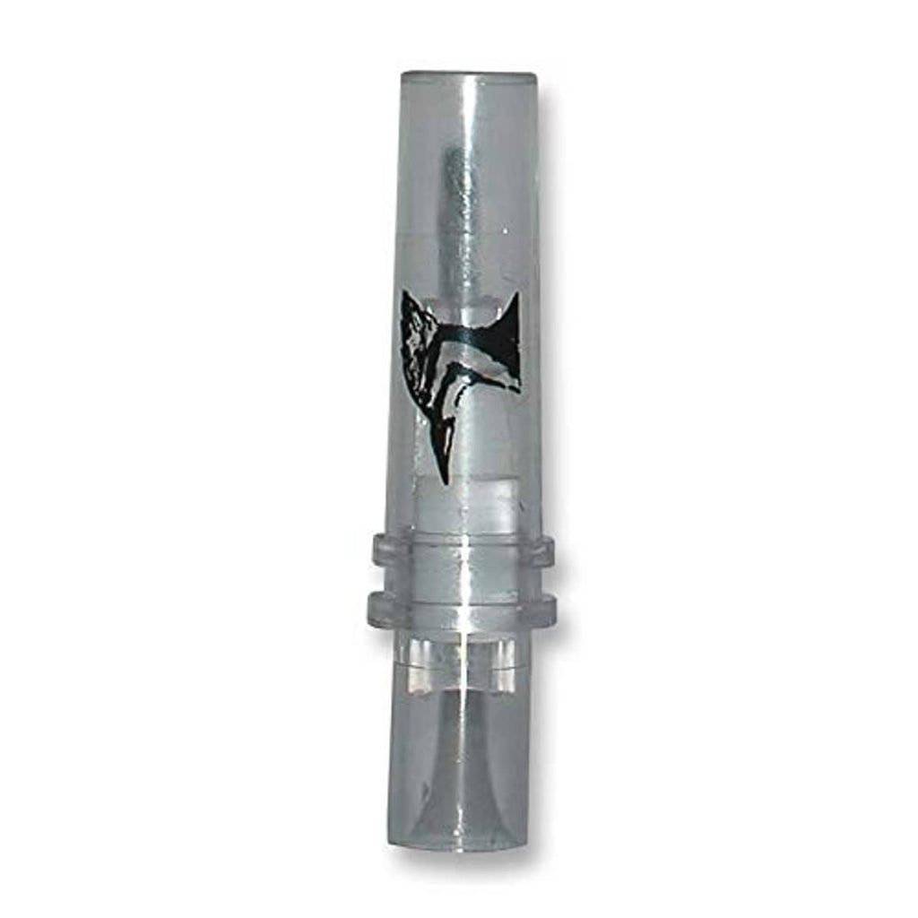 Metal tube woodpecker locator call with molded black icon and ridged mouth