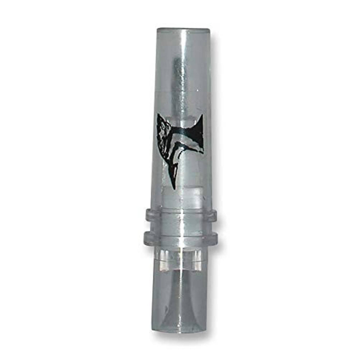 Metal tube woodpecker locator call with molded black icon and ridged mouth